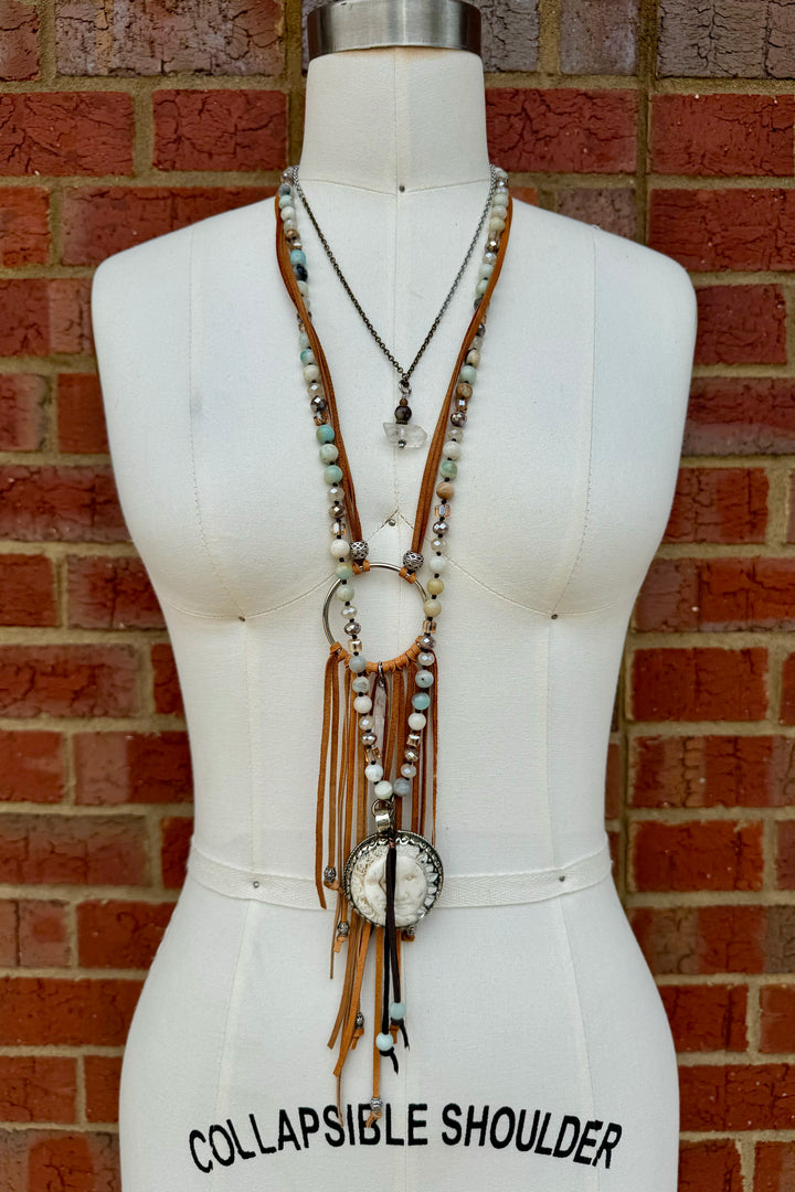Everafter Dream Catcher Leather Tassel Adjustable Necklace w/ Quartz