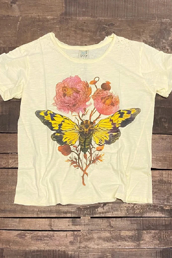Sale- Moon Dance Distressed Cotton Tee Top in Butterfly Flutter By