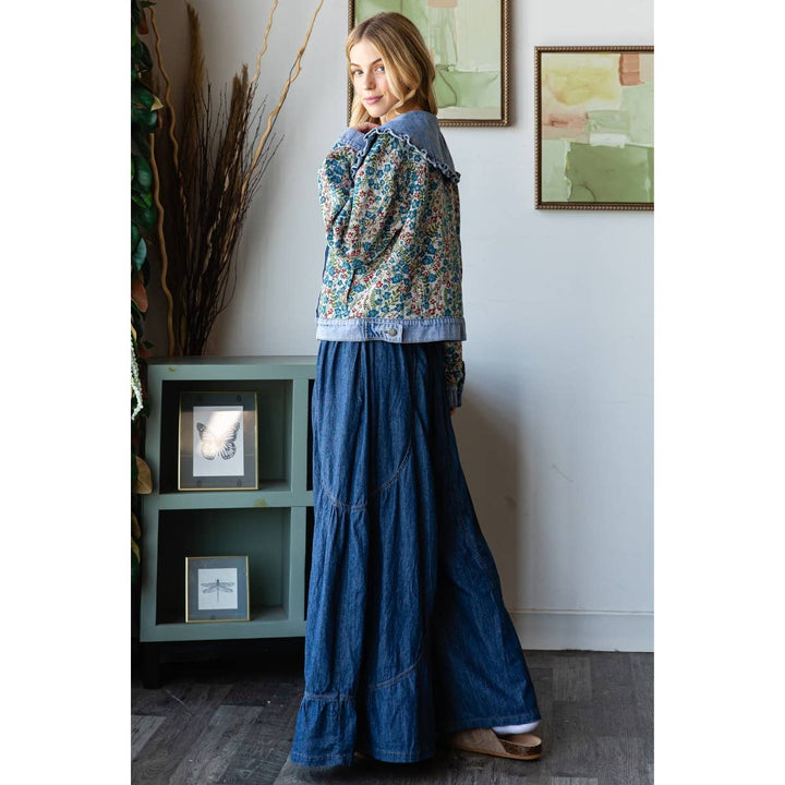 Denim Smocked Back Wide Leg Pant