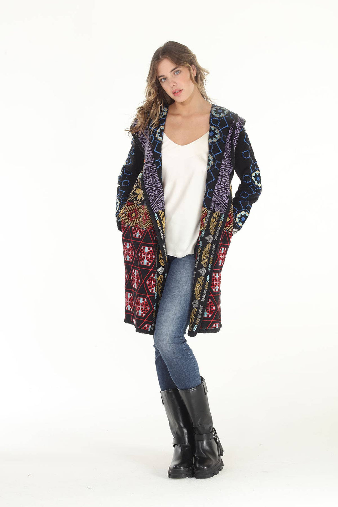 Destiny  Double Face Embroidered Hooded Cardigan: