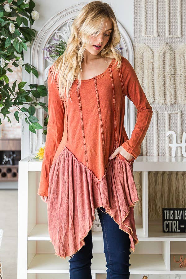 The Vixen Washed Mixed Fabric Uneven Hem Tunic Top in Rust