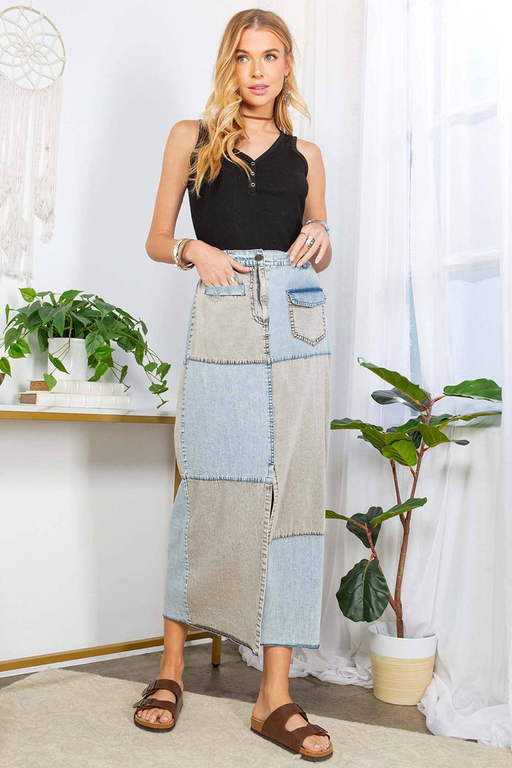 Bohemian Rhapsody: Ice-Washed Patchwork Pencil Skirt