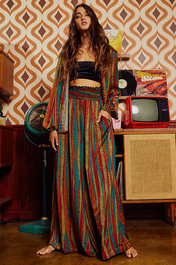 Sale - She's a Vibe Multi Color Smocked Waist Band Wide Leg Maxi Pants