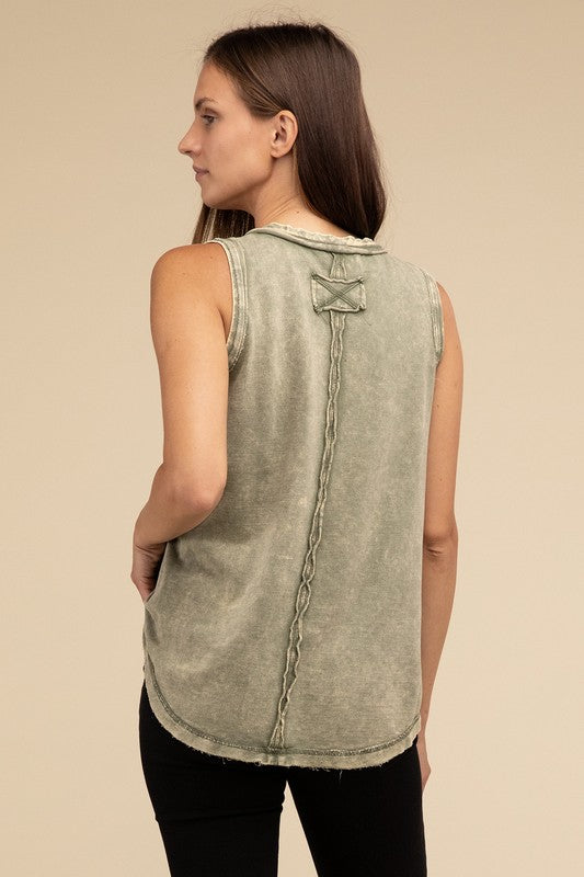 Everest Washed Half-Button Raw Edge Sleeveless Henley Top