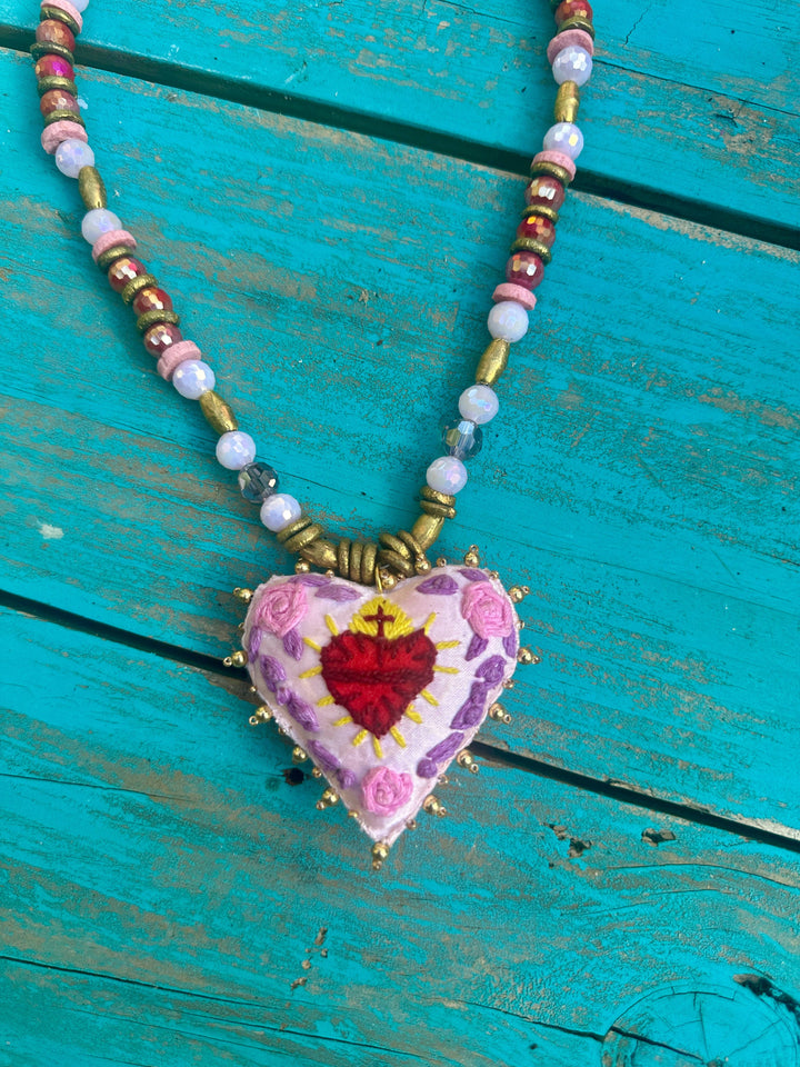 Hand Stitched Pink Heart Pendant