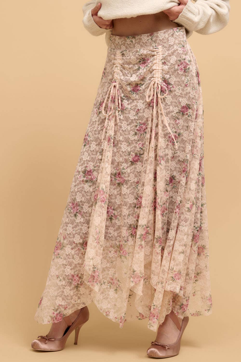 Rose Garden Floral Handkerchief-Hem Lace Maxi Skirt