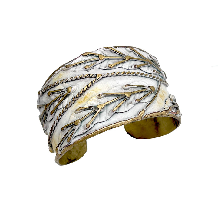 Brass Patina Cuff Bracelet - White Leaves