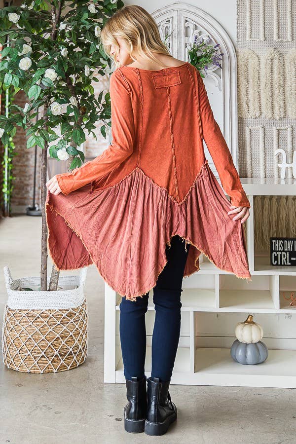 The Vixen Washed Mixed Fabric Uneven Hem Tunic Top in Rust