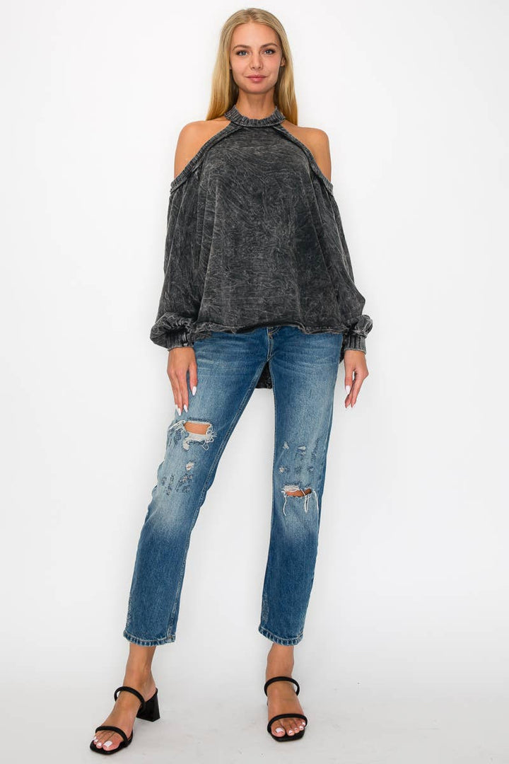 The Jenna Mineral Wash Open Shoulder Top