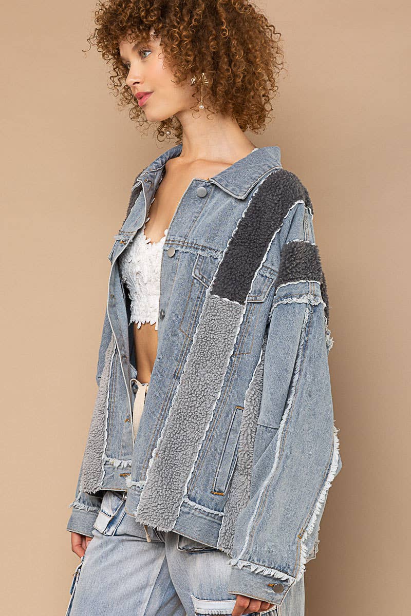Sale - Contrast fleece detail button down denim jacket
