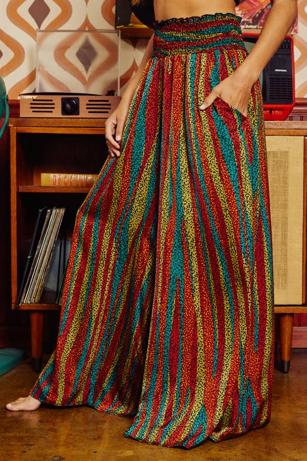 Sale - She's a Vibe Multi Color Smocked Waist Band Wide Leg Maxi Pants