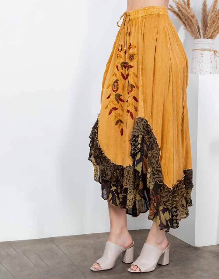 Sale - Rustic Bohemian: Asymmetrical Embroidered Midi Skirt