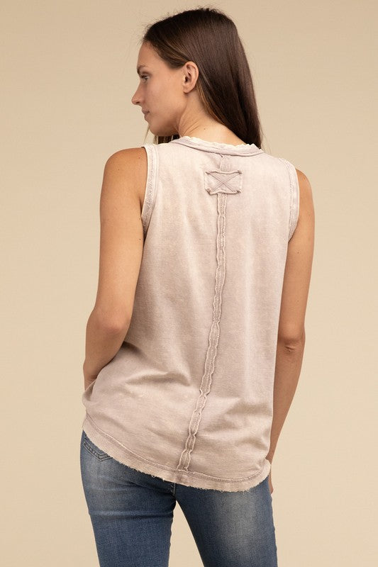 Everest Washed Half-Button Raw Edge Sleeveless Henley Top