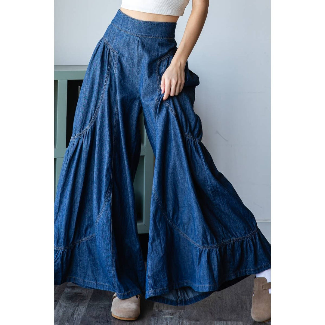 Denim Smocked Back Wide Leg Pant