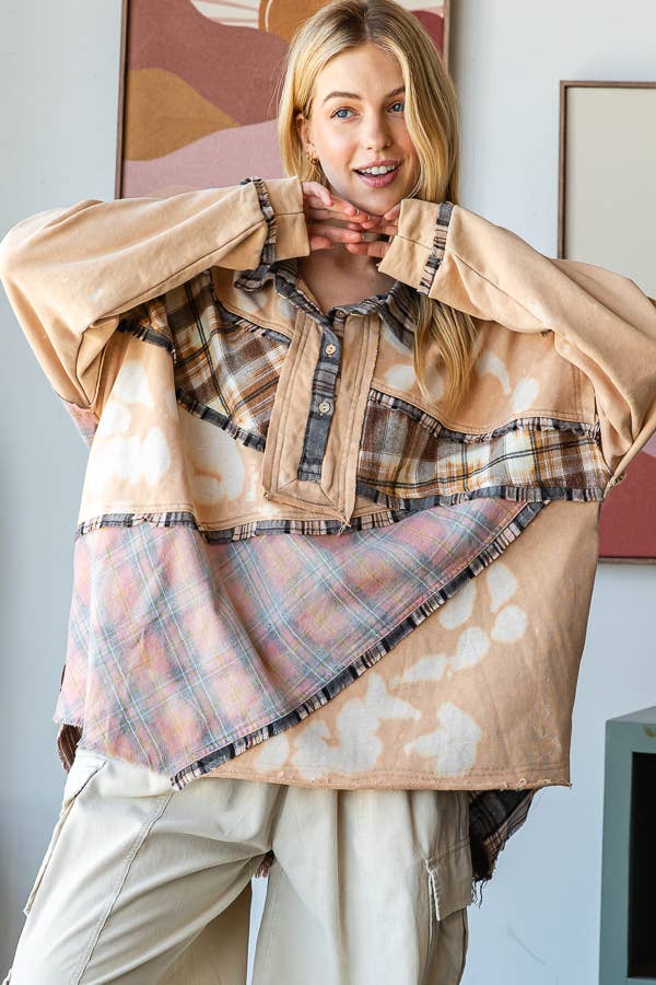 The Honey Bleached Mixed Fabric Oversized Long Slv Top