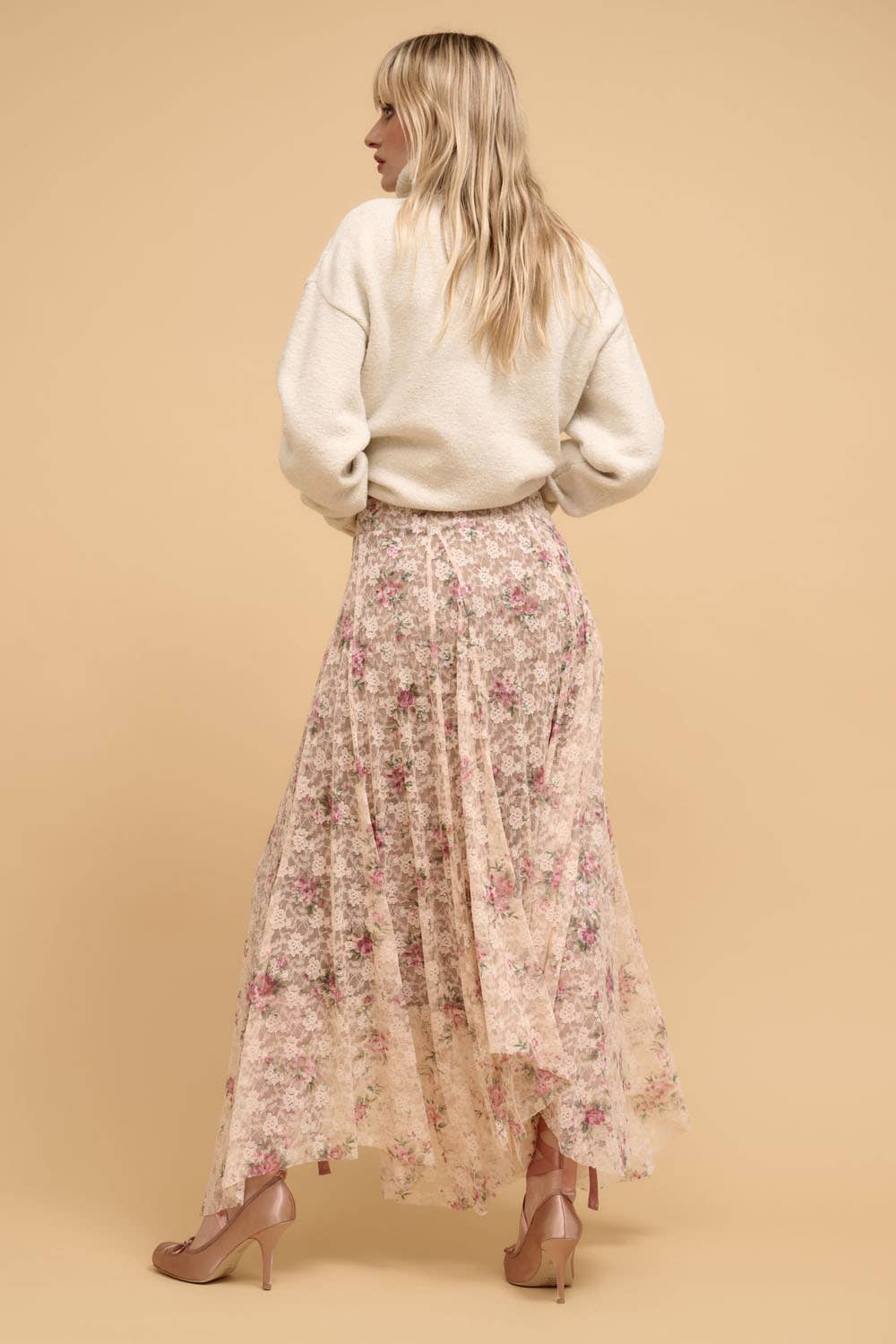 Rose Garden Floral Handkerchief-Hem Lace Maxi Skirt