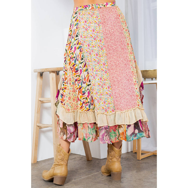 Whimsical Harmony Overdyed Mid-Length Skirt with Rayon Print: