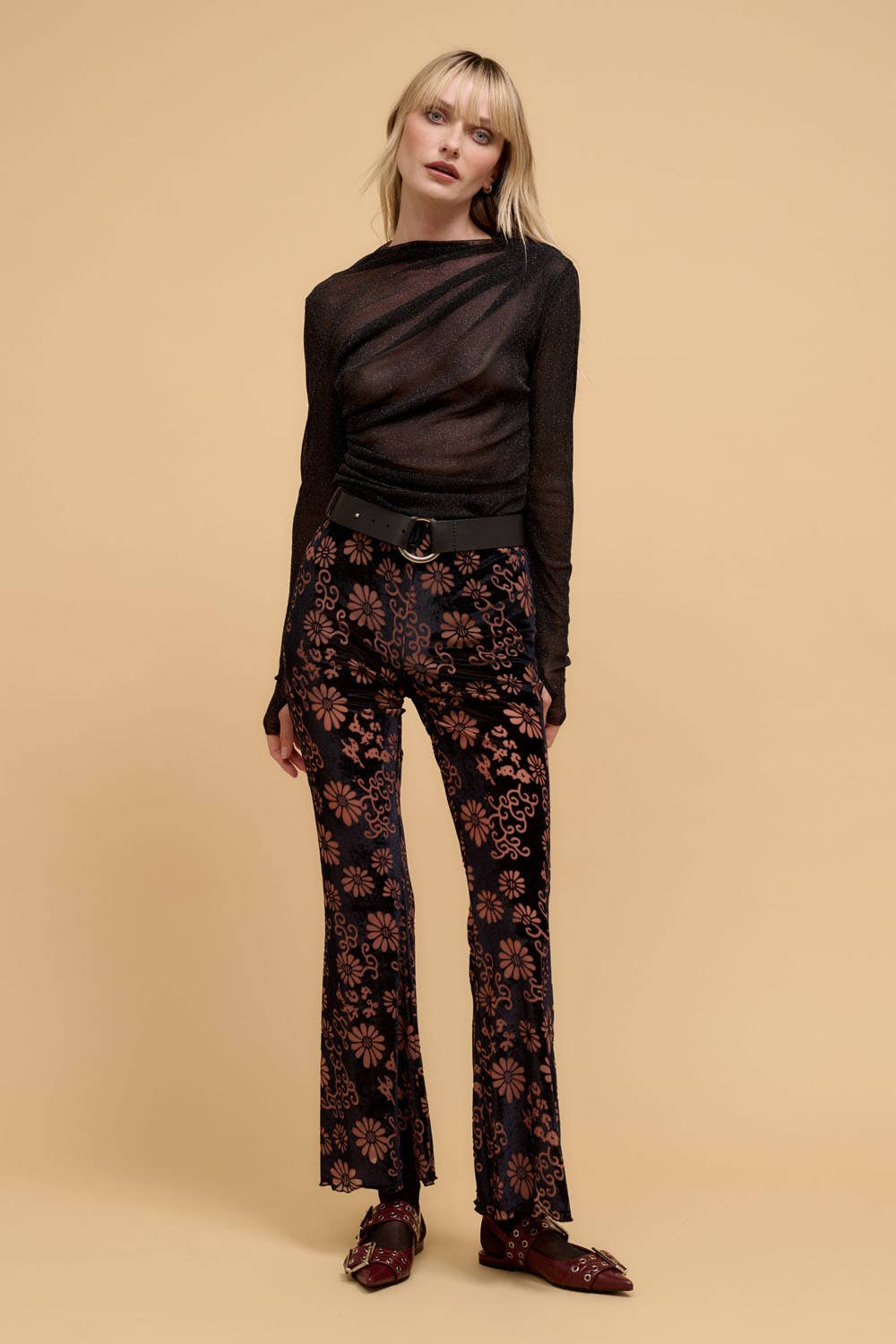 Annabel Floral Burnout-Velvet High-Waist Flared Pants