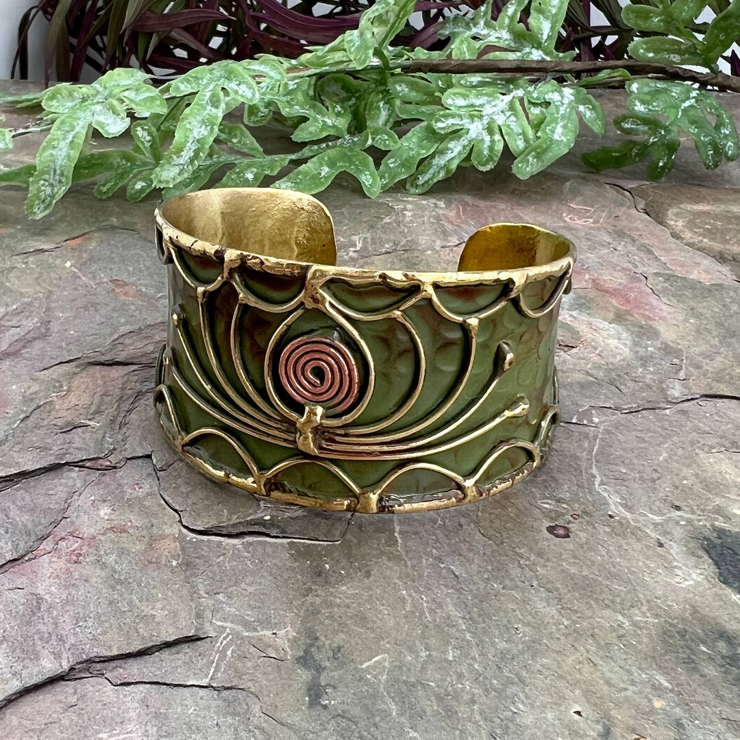 Brass Patina Cuff Bracelet - Green Open Lotus