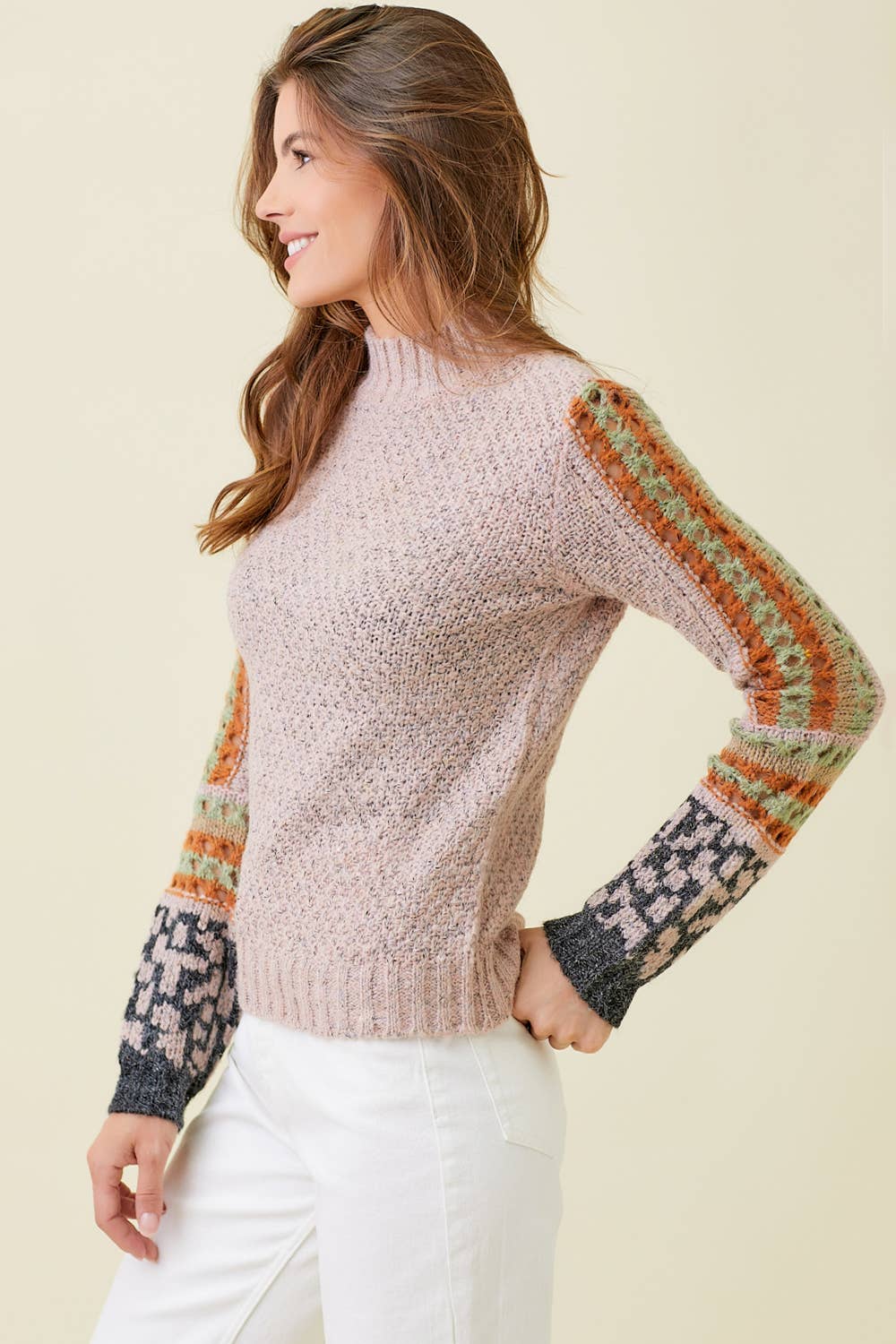 Winter Rose Mock Neck Sleeve Detail Sweater