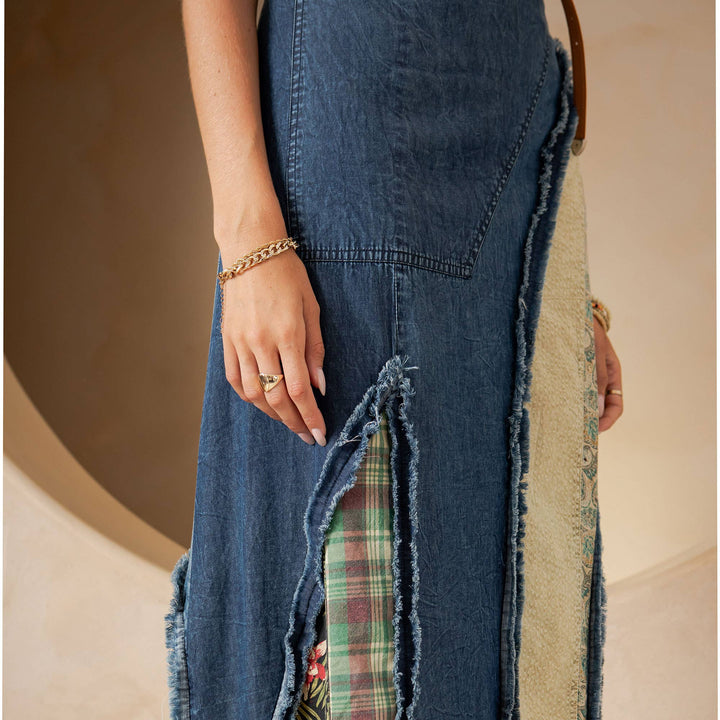 Whimsy Western Boho Chic Patch Inserted Denim Midi Skirt