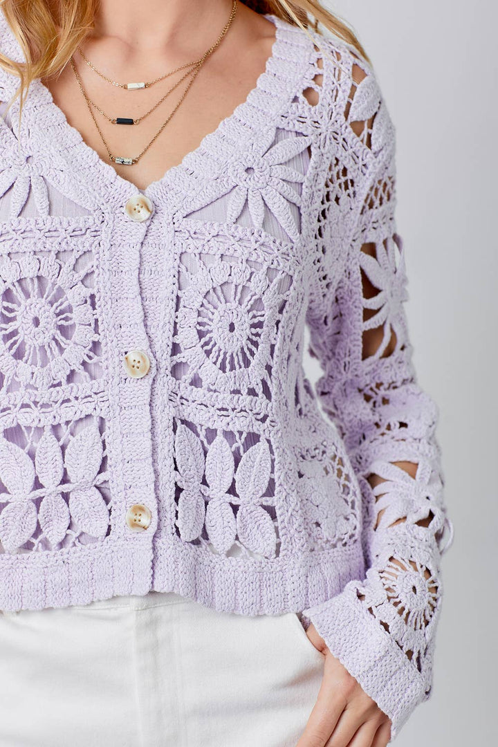 Sale - Lavender & Lace Crochet Button up Cropped Cardigan