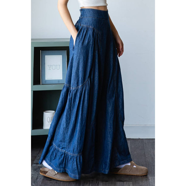 Denim Smocked Back Wide Leg Pant