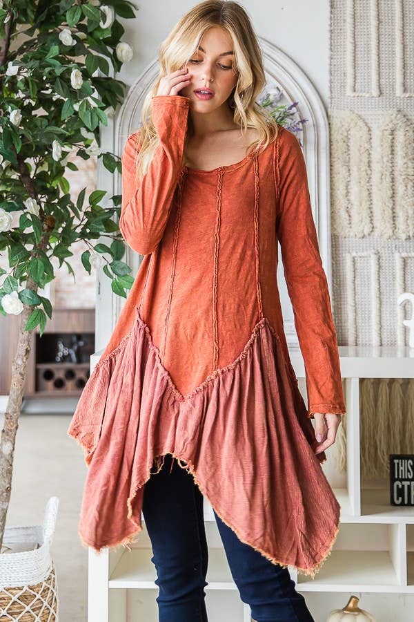 The Vixen Washed Mixed Fabric Uneven Hem Tunic Top in Rust