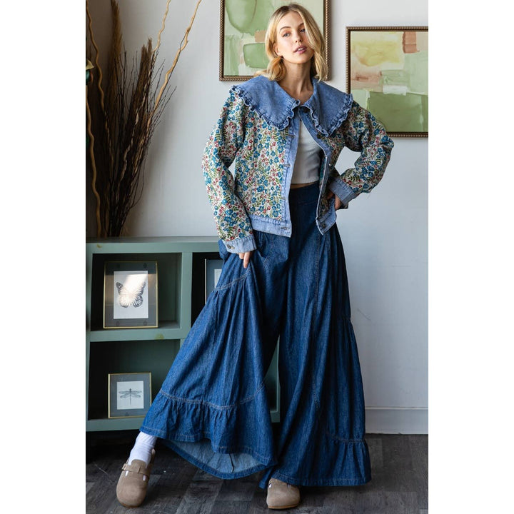 Denim Smocked Back Wide Leg Pant