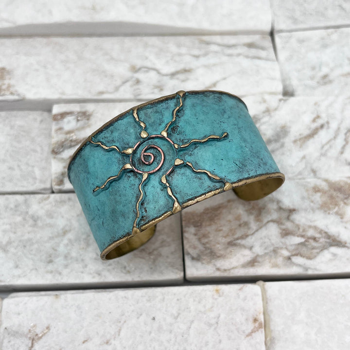 Brass Patina Cuff Bracelet - Light Blue Sun