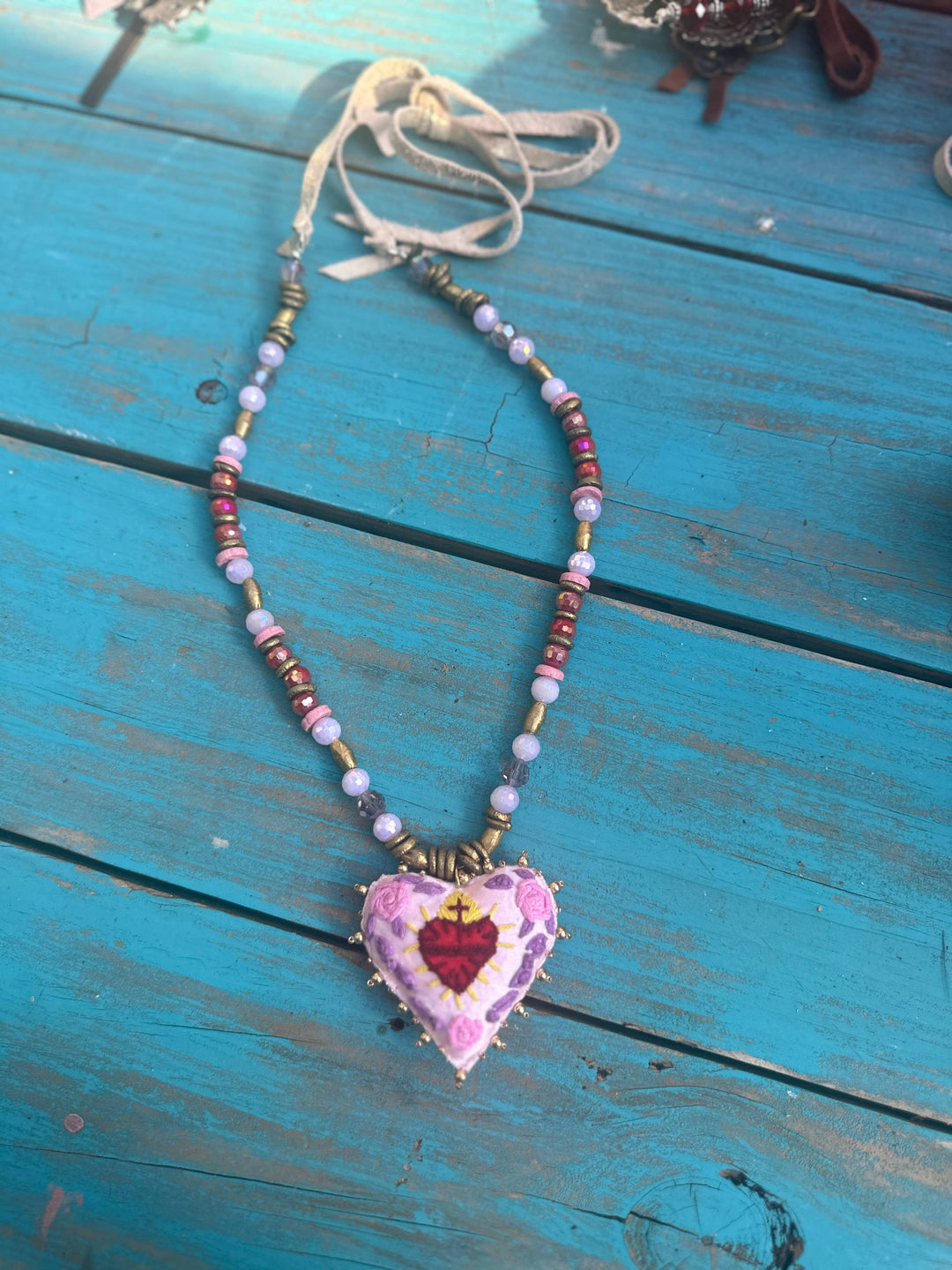 Hand Stitched Pink Heart Pendant