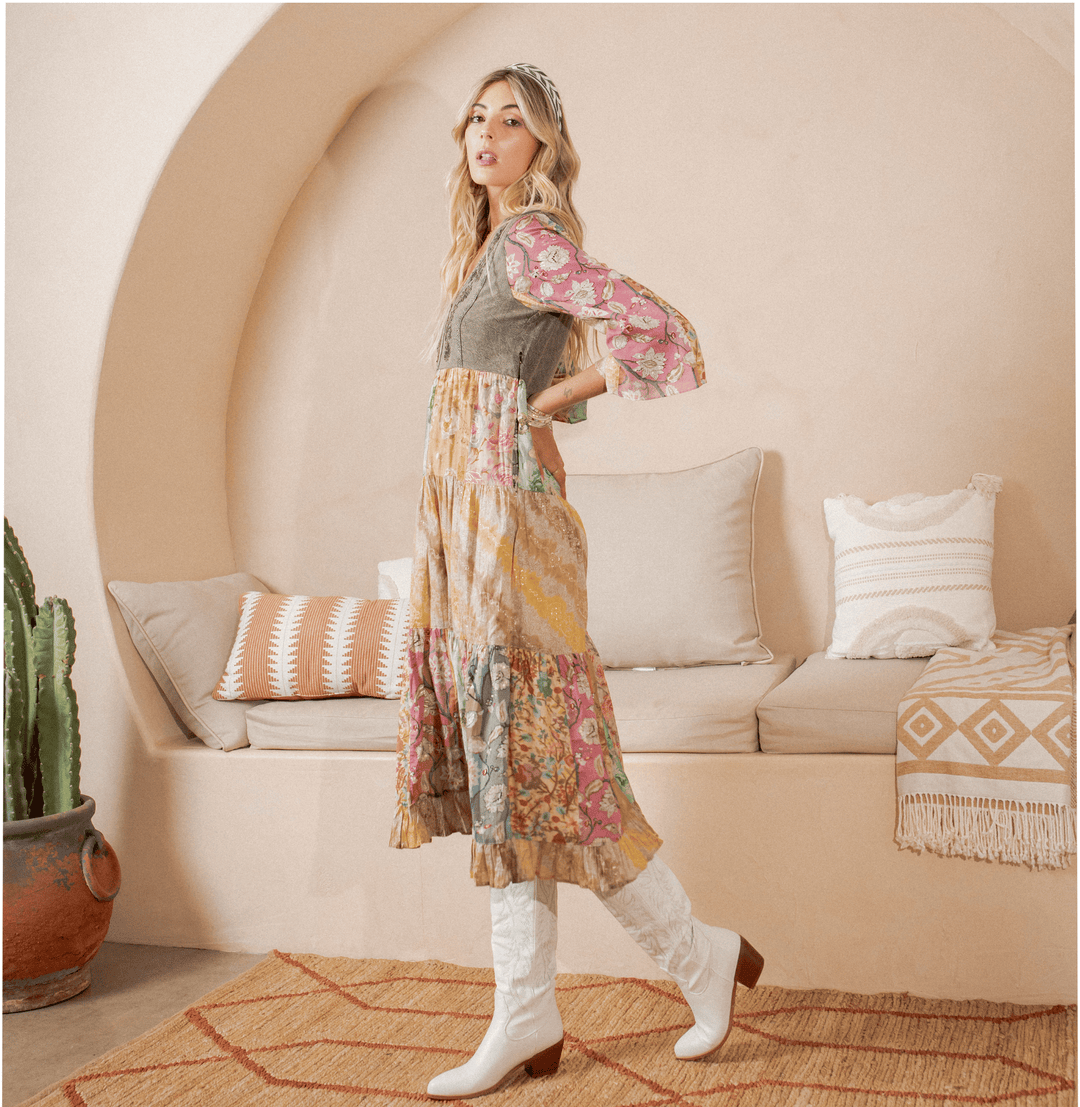 Rustic Bohemian : A-Line Patchwork Midi Dress