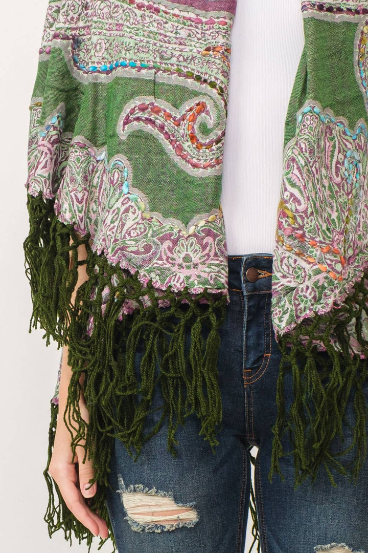 SALE Elie Embroidered Poncho: Sage and Mauve Multi / One Size Fits Most