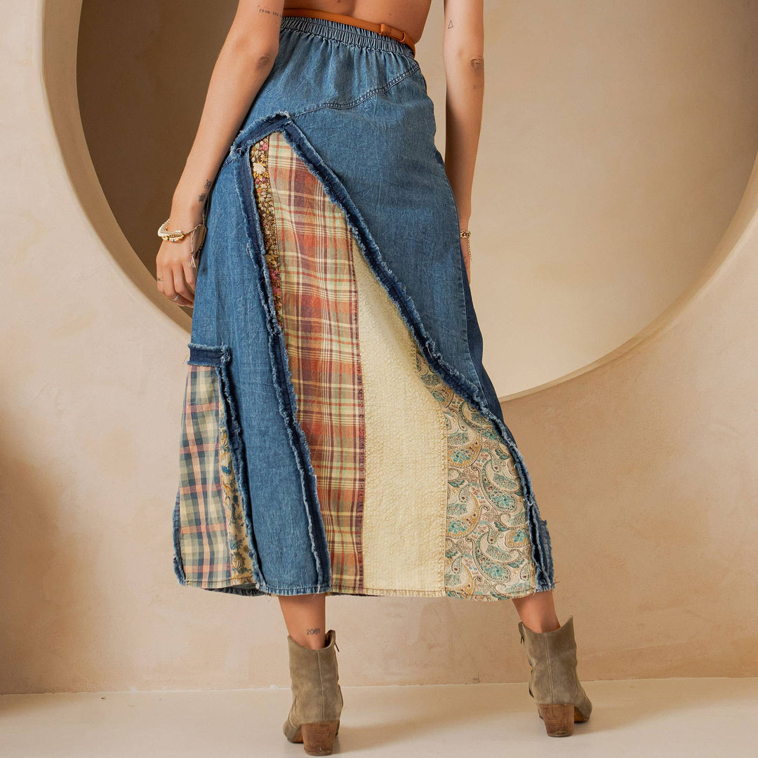 Whimsy Western Boho Chic Patch Inserted Denim Midi Skirt