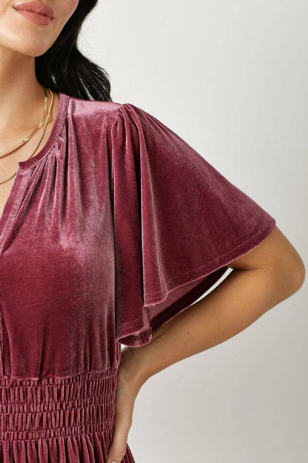 The Victoria Ruffled Velvet Maxi Dress in Raspberry