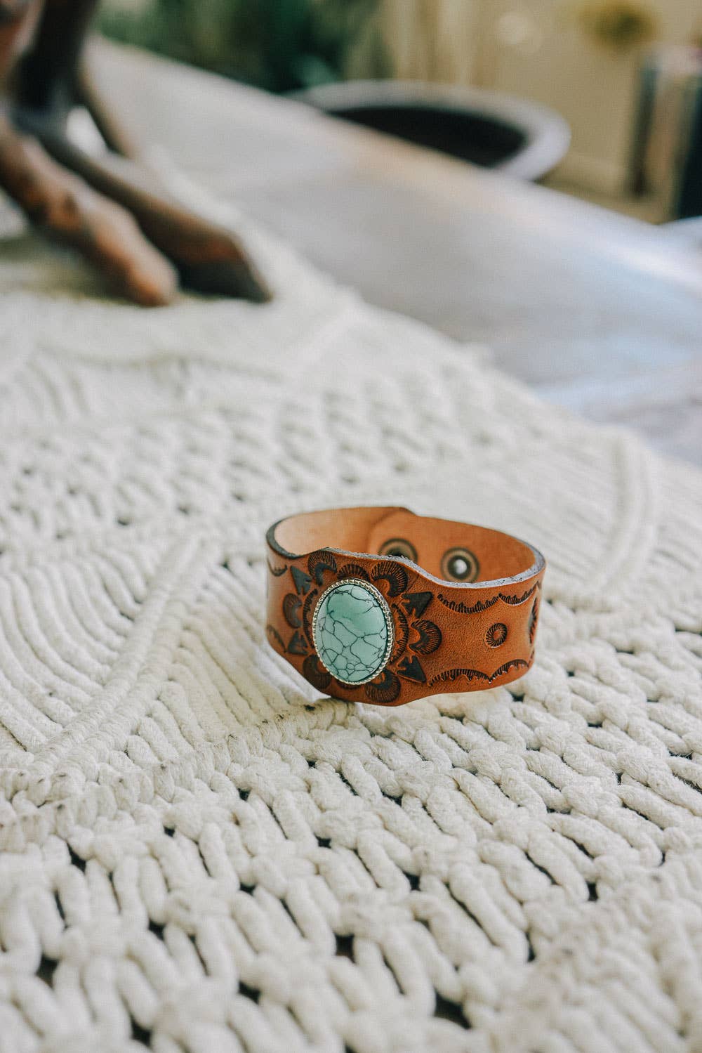 Boho Turquoise Stone Camel Leather Cuff Bracelet