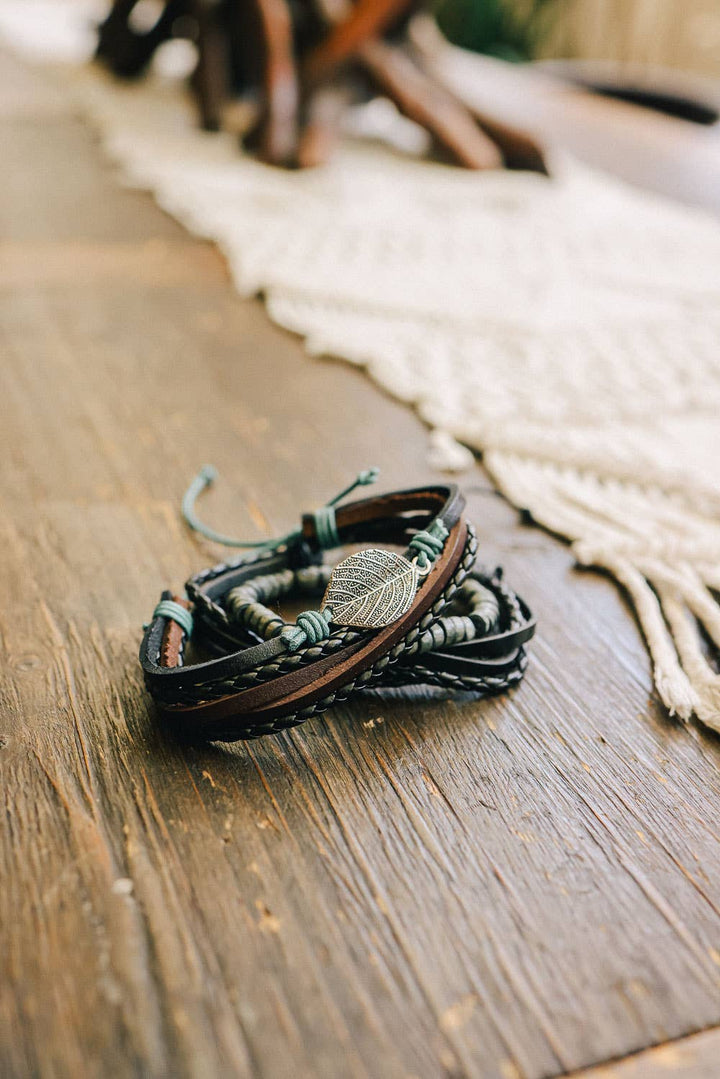 Multi-wrap Leather Braid Bead Bracelet