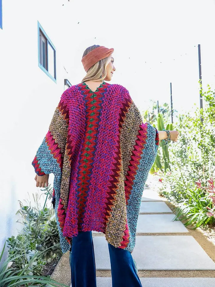 SALE - Colorful Oversized Crochet Patterned Knit Ruana Kimono Throw Jacket
