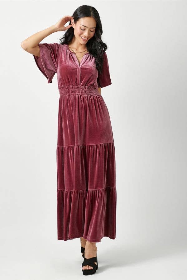 The Victoria Ruffled Velvet Maxi Dress in Raspberry