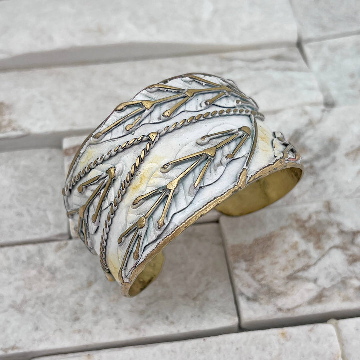 Brass Patina Cuff Bracelet - White Leaves