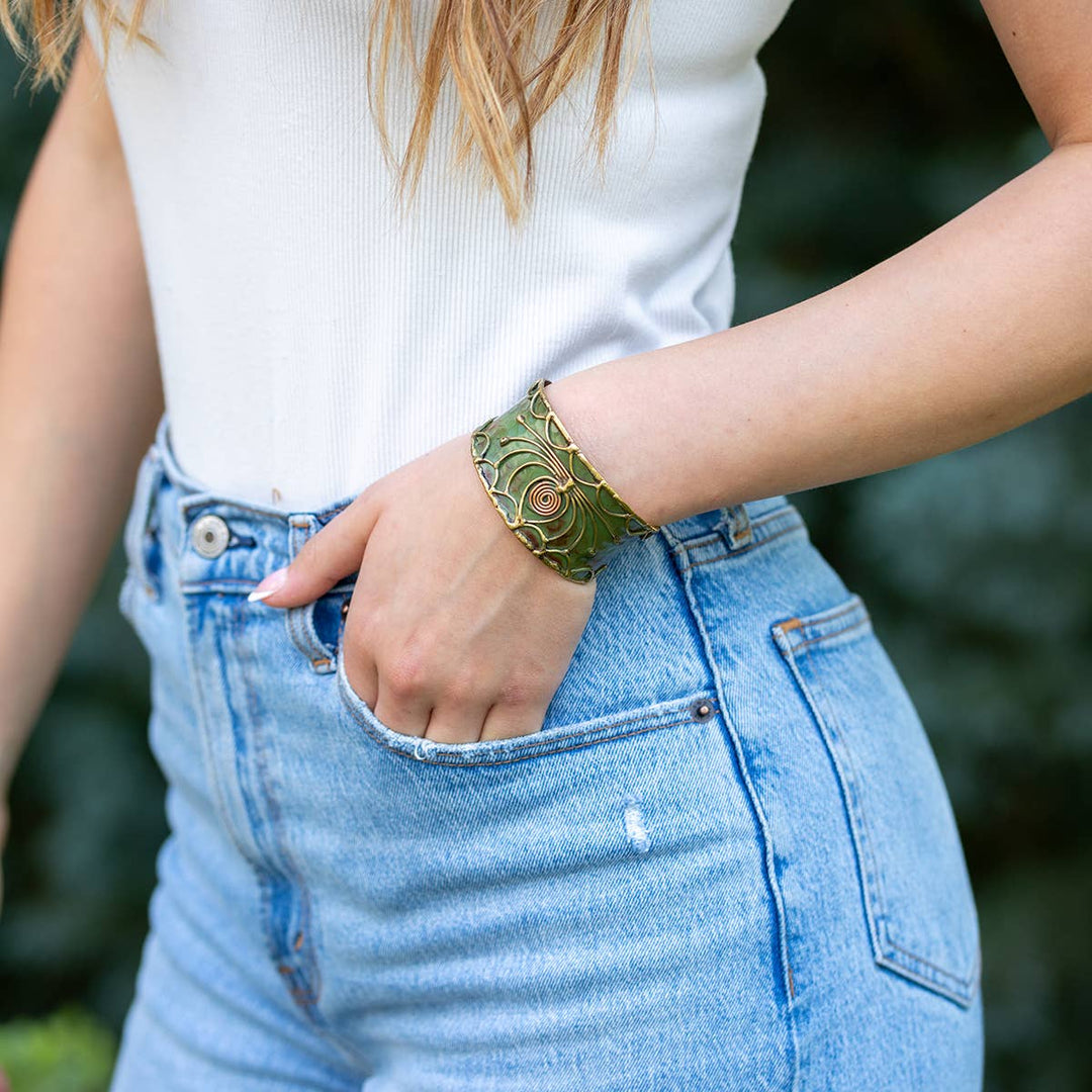 Brass Patina Cuff Bracelet - Green Open Lotus