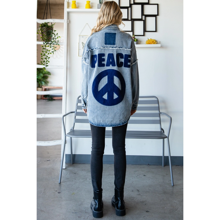 Sale - Peace Out Patched Long Oversized Denim Jacket w/ Button Down & Peace Sign