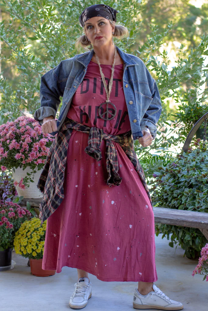 Paint Splattered Dirty Hippie Dress in Vintage Wine