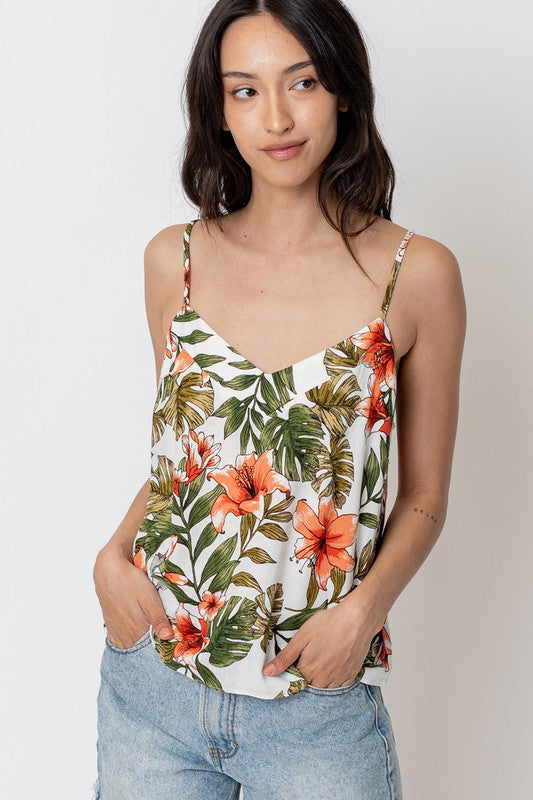 Sale - Tropical Gal Printed Simple Cami Top w/ V Neck