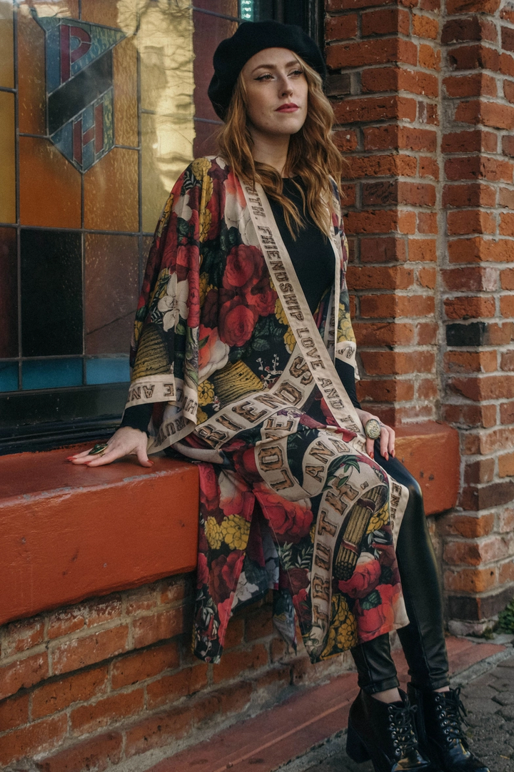 Friendship Love & Truth Classic Combo Artisan Printed Long Duster Bamboo Kimono Robe