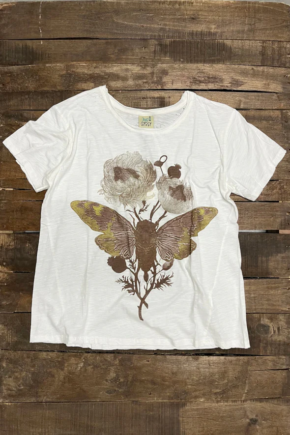 Moon Dance Distressed Cotton Tee Top in Butterfly Flutter By in Parchment