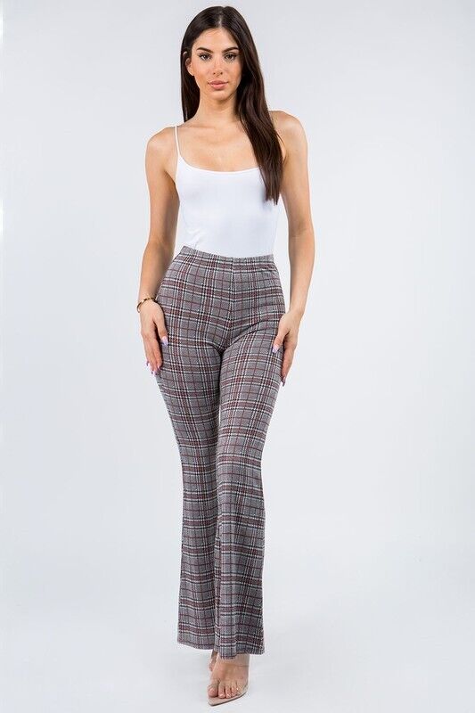 Plaid Print Pull On Hippie Flare Pants Leggings Layering Comfy Sophisticated