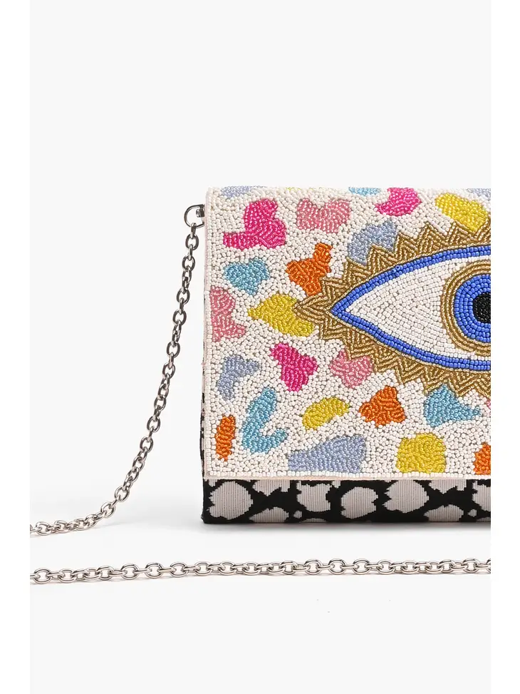 Rainbow Evil Eye Embroidered Accent Clutch