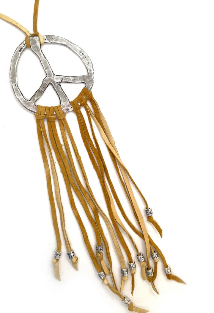 Peace & Love Metal Hammered Peace Sign Necklace on Deer Skin Leather