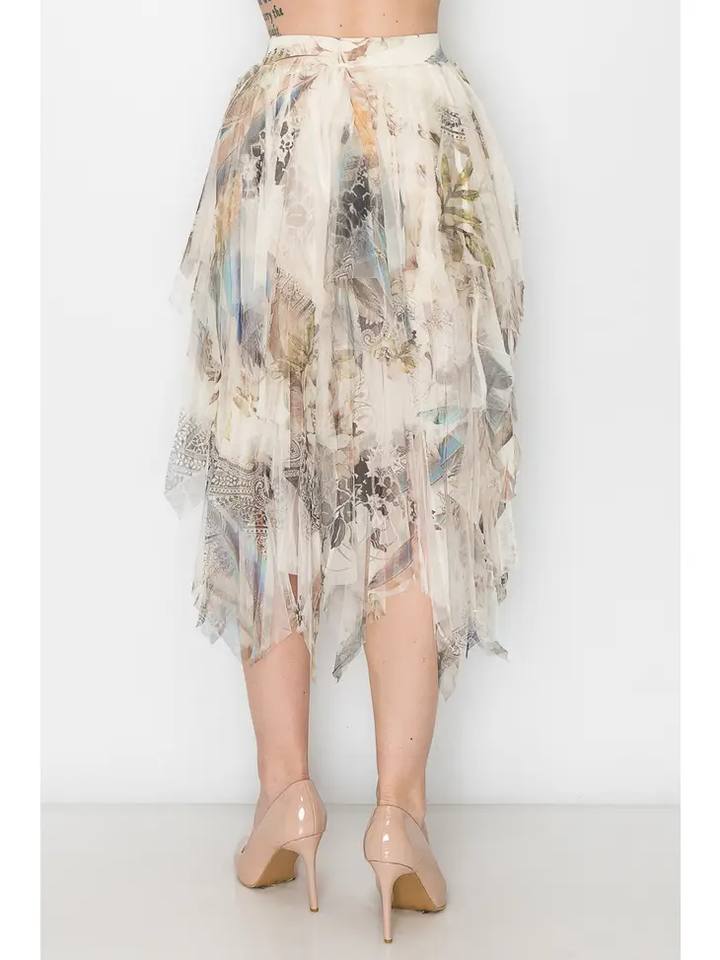 Sarah Elegant Mesh Gauze Layered Midi Skirt in Feather